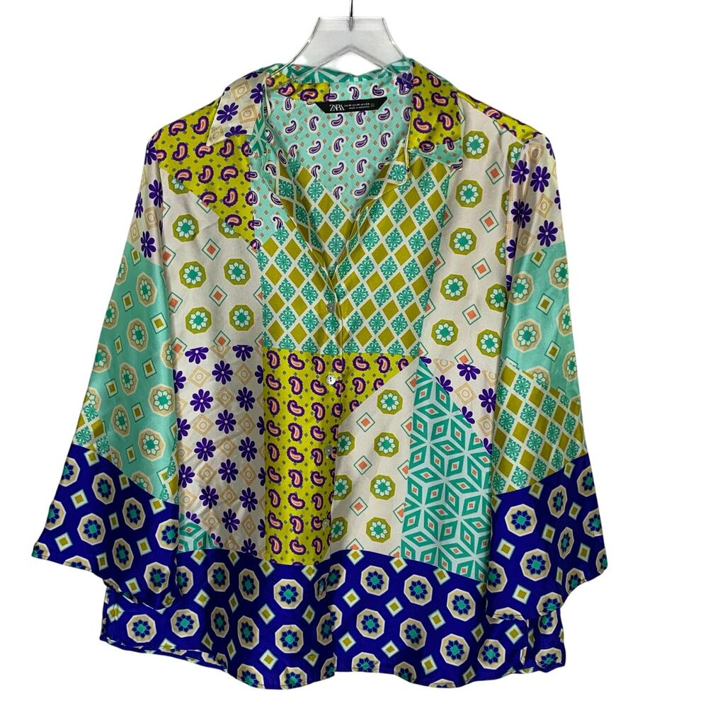 Zara Patchwork Printed Shirt Blouse M Wide Sleeve Multi Geo Print Green Blue